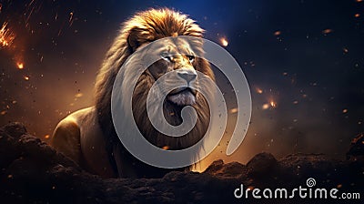 4k Lion Wallpaper With Fire And Smoke Background Stock Photo