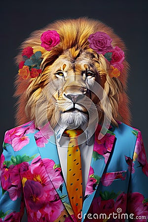 Lion in a suit business concept, where the majestic meets the corporate realm. Stock Photo