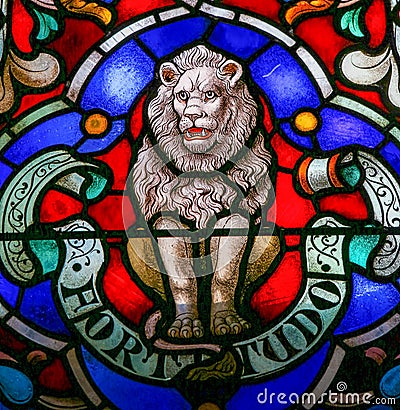 Lion, Symbol of Strength - Stained Glass in Mechelen Cathedral Stock Photo