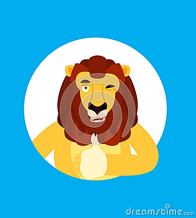 Lion thumbs up and winks emoji. Wild animal happy emoji. Vector Vector Illustration