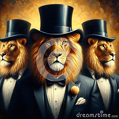 Lion trio wearing tuxedo suits and black top hat in oil painting art style on abstract yellow gradient background Stock Photo