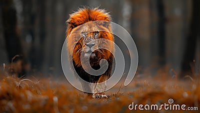 a lion is walking through a field of leaves in the woods Stock Photo