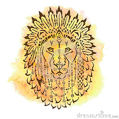 Lion in war bonnet, hand drawn animal illustration Vector Illustration