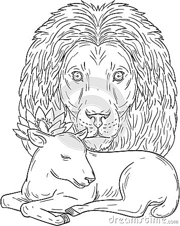 Lion Watching Over Sleeping Lamb Drawing Vector Illustration