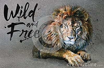 Lion watercolor painting with background predator animals King of animals wild & free Cartoon Illustration