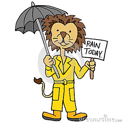 Lion wearing trench coat holding umbrella and sign Vector Illustration