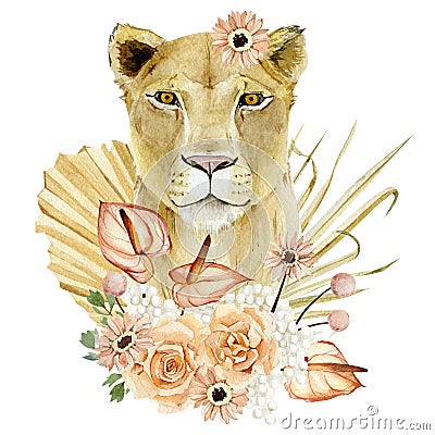 Lioness - big cats. Watercolor animal africa wildlife. Boho tropical leaves, dried botanical garden and flowers. Exotic illustrati Cartoon Illustration