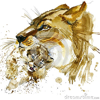 Lioness and cub T-shirt graphics. lioness and cub illustration with splash watercolor textured background. unusual illustration w Cartoon Illustration