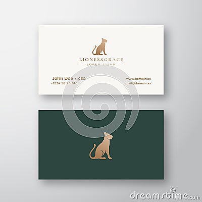 Lioness Grace Abstract Vector Logo and Business Card Template. Gracefull Sitting Lion Silhouette with Retro Typography Vector Illustration