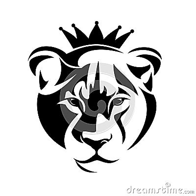 Queen lioness head with royal crown black and white vector portrait Vector Illustration