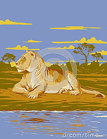 Lioness in Hwange National Park Zimbabwe Africa Art Deco WPA Poster Art Vector Illustration