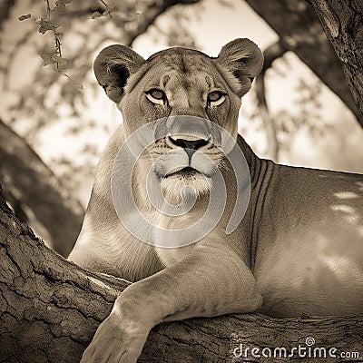 Lioness laying down in the shade on a beautiful sunny day. Created using ai generated. Stock Photo