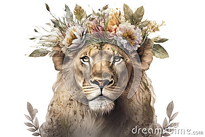 lioness lion face with floral flower crown on head isolated on white in style of art illustration drawing painting Cartoon Illustration