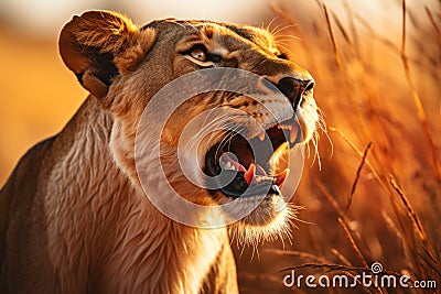 Lioness Roaring at Sunset in the Wild. Stock Photo