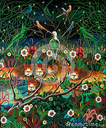 Lionesses and Tropical Birds, Plants, and Flowers Naive Painting Stock Photo