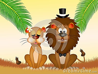 Lions bride and groom Cartoon Illustration