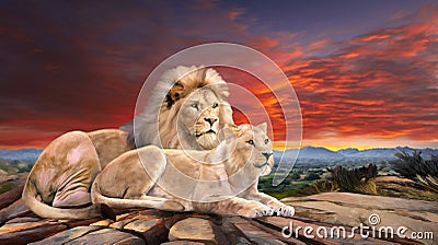 Lions couple in Sunset Stock Photo