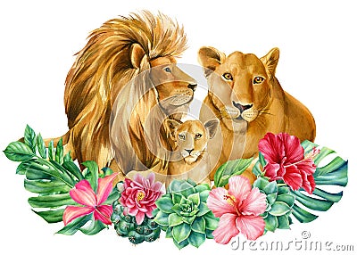 Lions family on isolated white background watercolor painting. Art poster Cartoon Illustration