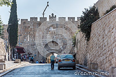 The Lions` Gate, St. Stephen`s Gate or Sheep Gate, located in the Eastern Wall of Jerusalam old City, Islamic quarter, the Editorial Stock Photo