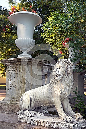 Lions on the Large stone staircase Pavlovsk park Stock Photo