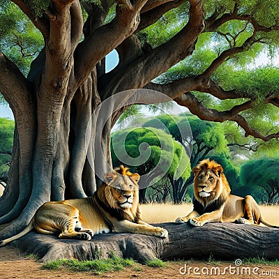 of lions sitting under tree in the shade of tree trunk in a Cartoon Illustration