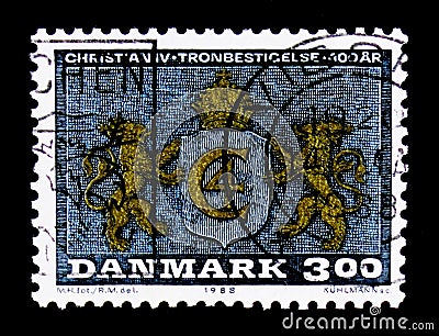 Lions supporting Monogram, King Christian IV - 125th Anniversary of Accession serie, circa 1988 Editorial Stock Photo