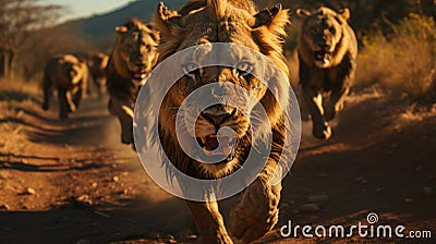 Lions in wild nature, running on camera. Action wildlife scene with dangerous animal Stock Photo