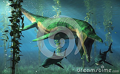 Liopleurodon Chasing Sharks Stock Photo