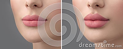 Before and after lip filler injections. Fillers. Lip augmentation Beautiful Perfect Lips. Sexy Mouth close-up. Beauty young woman Stock Photo