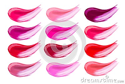 Lip gloss face make-up samples palette. Set of colorful cosmetic liquid lipgloss in different colour smudge smear strokes Stock Photo