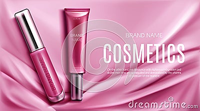 Lip gloss, liquid lipstick tubes top view banner Vector Illustration