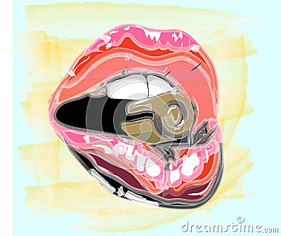 Lip. Red lips watercolor. Red lips with bullet. Red lips on black. biting red lips. Abstract lipstick in the open mouth with Vector Illustration