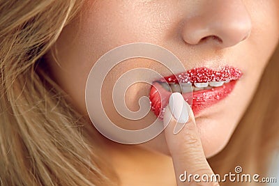 Lip Skin Care. Beautiful Woman Lips With Sugar Lip Scrub On Stock Photo