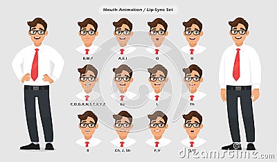 Lip sync collection and sound pronunciation for male character`s talking/speaking animation. Set of the mouth animation. Vector Illustration