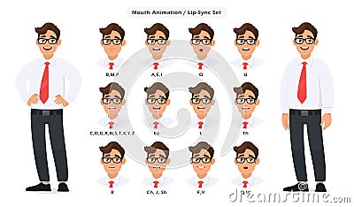 Lip sync collection and sound pronunciation for male character`s talking/speaking animation. Set of the mouth animation. Vector Illustration