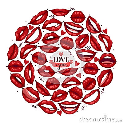 Lip vector pattern cartoon beautiful red lips in kiss or smile fashion lipstick sexy mouth kissing lovely on valentines Vector Illustration