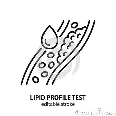 Lipid profile test icon. Cholesterol in human blood vessel line symbol. Atherosclerosis sign. Editable stroke Vector Illustration