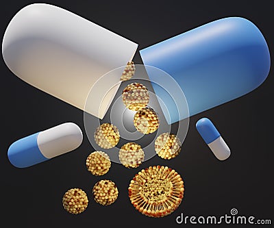 Liposome nanoparticles inside of capsule pills Stock Photo