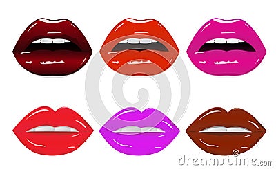 Bright glamorous glossy lips with different colors. Cartoon Illustration