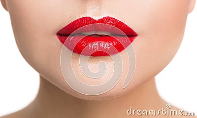 Lips Beauty Closeup, Woman Make Up and Red Lipstick Stock Photo