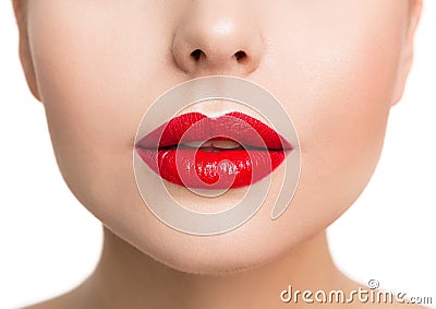 Lips Beauty Closeup, Woman Face Make Up and Red Lipstick Close Up. Isolated White Stock Photo