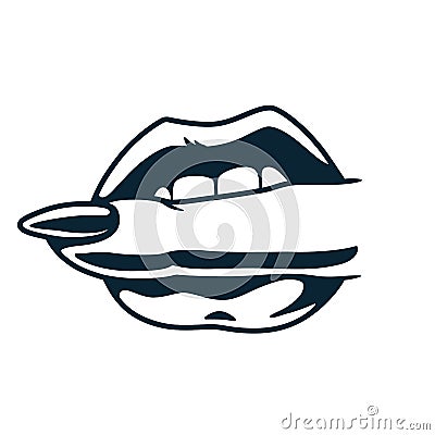 Lips bite, woman mouth and finger for nail bar Vector Illustration