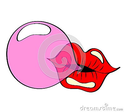 Lips blowing pink bubble gum. Pop art style Vector Illustration