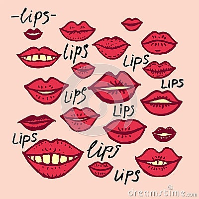 Lips. Bright red lips doodle illustration of many mouths. Cartoon Illustration