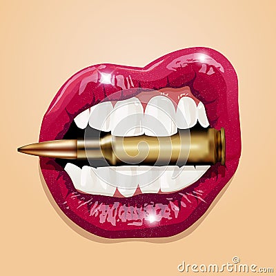 Pink women lips with bullet. Vector Vector Illustration