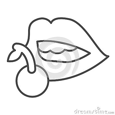 Lips with cherry thin line icon, sexuality concept, Lips with cherry sign on white background, Lips with cherry icon in Vector Illustration