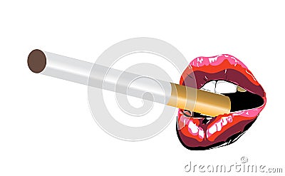 Lips cigarette. biting red lips. Abstract lipstick in the open mouth with cigarette isolated on white background. Vector- Vector Illustration