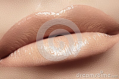 Lips with fashion natural beige lipstick makeup Stock Photo