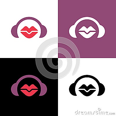 Lips and headset logo, podcast for women concept Vector Illustration