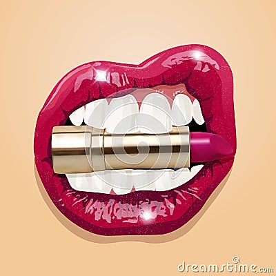 Pink women lips with lipstick. Vector Vector Illustration